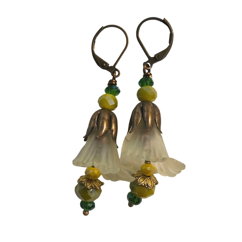 Handmade Boho Fairy Floral Beaded Dangle Earrings Green‎ Bronze